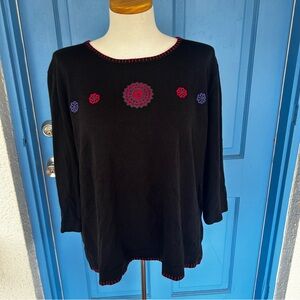 Kim Roger's Black Sweater w/ Bright Pink/Purple Floral Yarn dopamine dressing